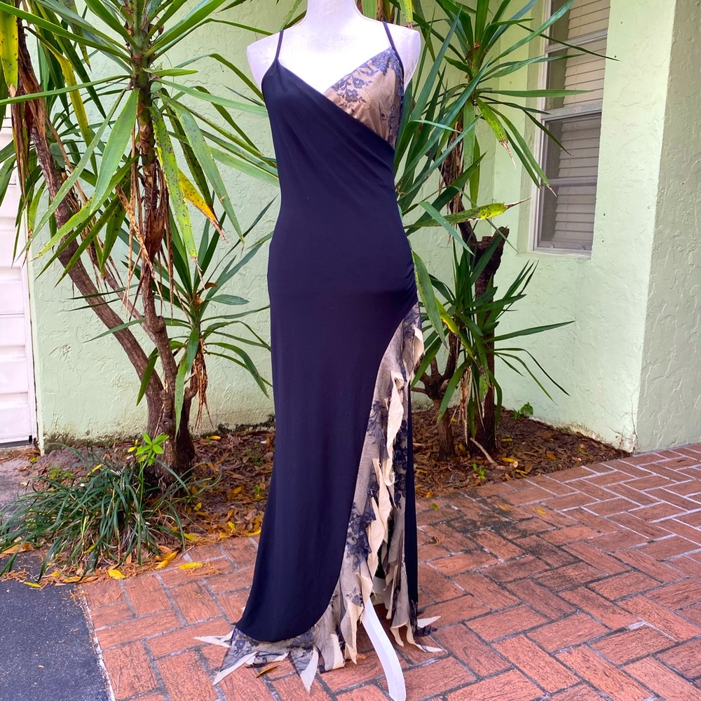 Black and Nude Lace Side Slit Maxi Summer  Dress